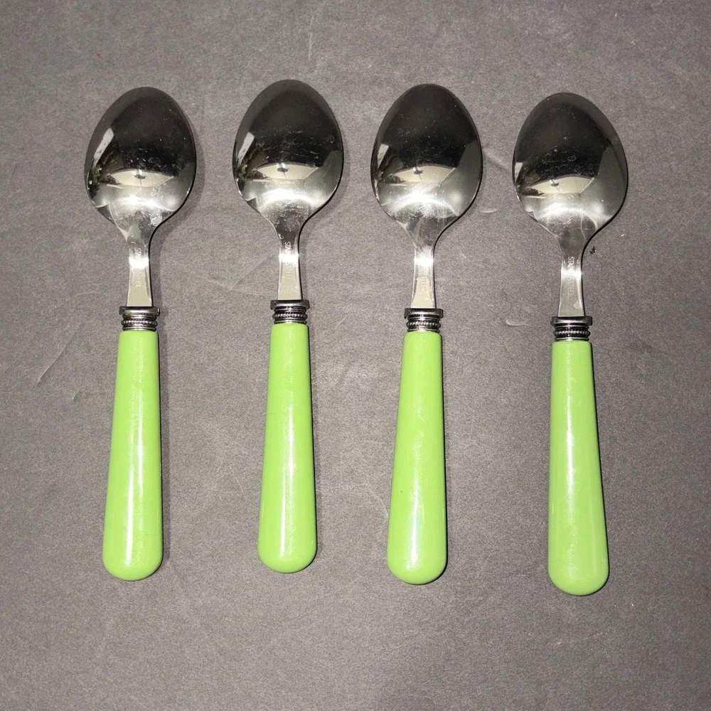 Set/4 Stainless Steel Teaspoons Light Green Resin Handle Silver Bolster 6.25in